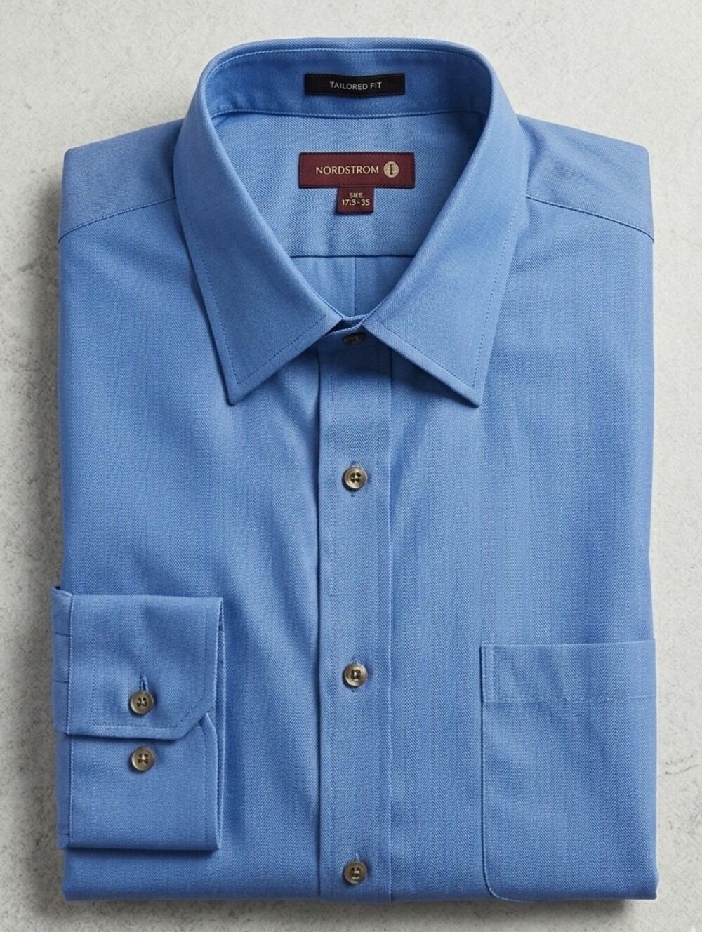 Nordstrom 17.5 35 Blue Herringbone Dress Shirt Tailored Fit Button Down Preppy